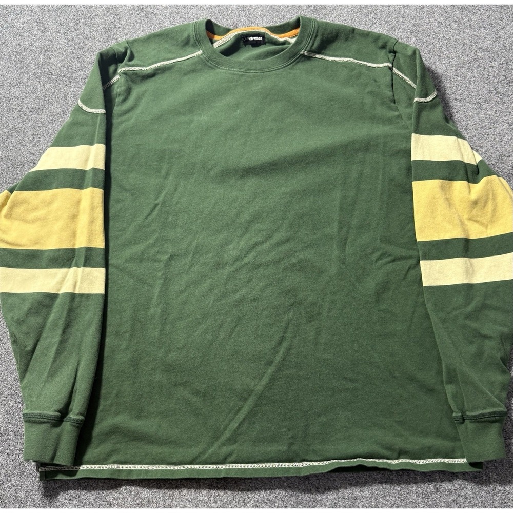 J Peterman Shirt Men's XL Green Yellow Striped Long Sleeve‎ Crew Neck